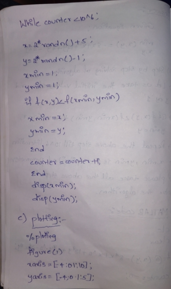 While counter 21016) hed x=2* randn()+si y = 2* sandn()-1; amin= 1; throple ymin = 1; if f(x,y) = f(xmin, yonin) xminds can u