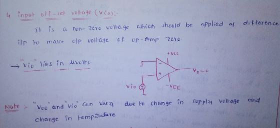 4 input off-set voltage (Violi- It is a non-zero voltage which ils to make olp voltage of op-Amp difference applied as should