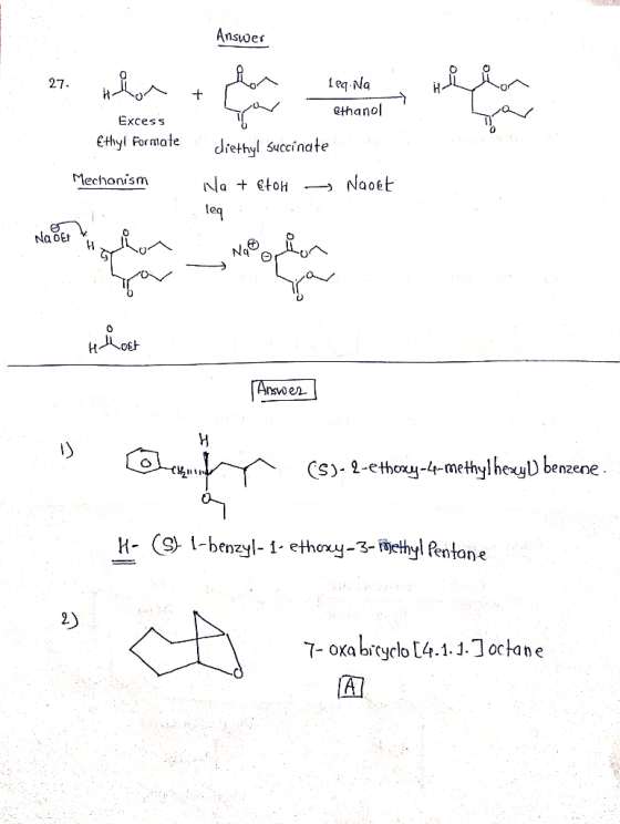 Answer 27. iion + Excess Ethyl Formate leg. Na ethanol diethyl succinate Na + EtOH Naolt teq Mechanism No Oet H ost Answer i