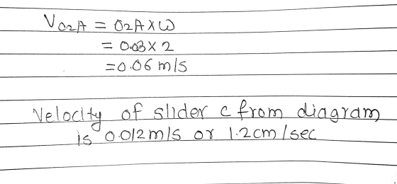 Vazh = 02AX W = 0.03 X 2 =0.06 mis Nelocity of slider c from diagram is 0.012 mis on 2cm Isec