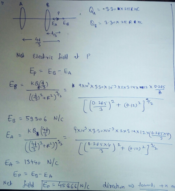 Q. = -3.30 a x 2 TTRIC LEA EB 3.30x Trenc Net Electric field at P Ep = EB-EA loo O x 3.30x105x2x3.14 x al 12 X 0.285 (1098) +