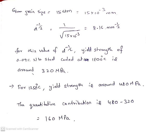 Given grain size = is um -3 15710 mm 42 8.16.my ㅓ년 15x10 3 for this value of d², yield strength of 0.09%. No steel cooled at