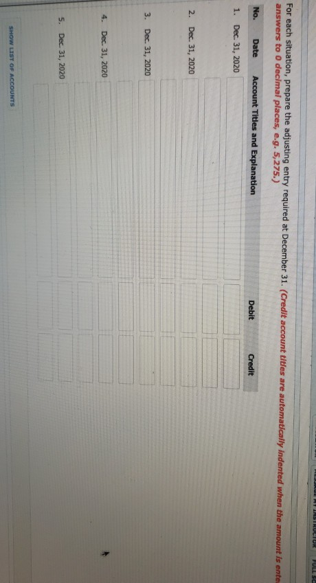 SRCENT INSTRUCTOR FULL SC For each situation, prepare the adjusting entry required at December 31. (Credit account titles are
