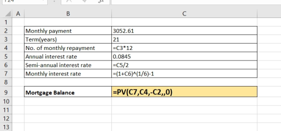 124 AL В 3052.61 Monthly payment Term(years) No. of monthly repayment Annual interest rate Semi-annual interest rate Monthly