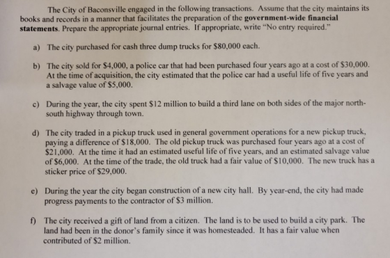 The City of Baconsville engaged in the following transactions. Assume that the city maintains its books and records in a mann