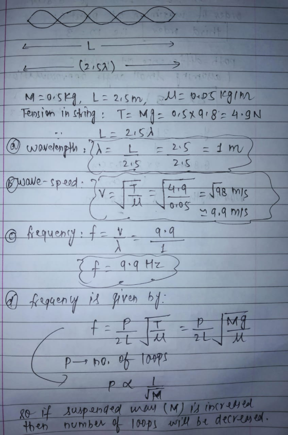 у в в — (2 са ) 5 M = 0se, L= 2 Sm, M: «DC 0 1 л Tension in string : T = Mg = 0.5x918 - 4.9N 1 - 2 с. @ wavelength = L = 2.5