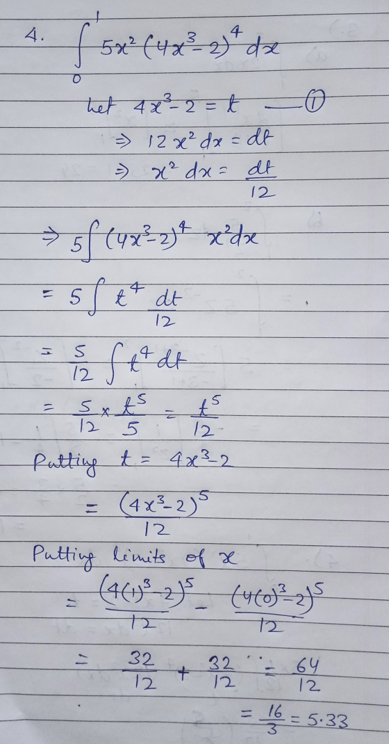 (5x ² (4x²-2) de het 4x²_2=t = 12x² dx=dt = x² dx = dt 12 -> 5 * sf tuzzix de 5f St t dt 12 tt at 5 = 5 5 12 sats 12 12 Putti