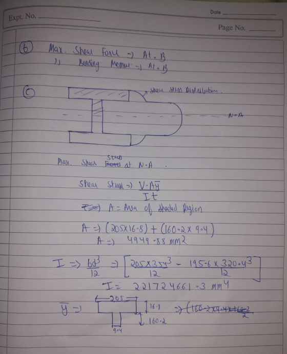 Date Expt. No.- Page No. T6 Max. Shear Bending - foru - At. B Moment - Ato B. sheal tess Distubution Noh - Masc. Shear stus r