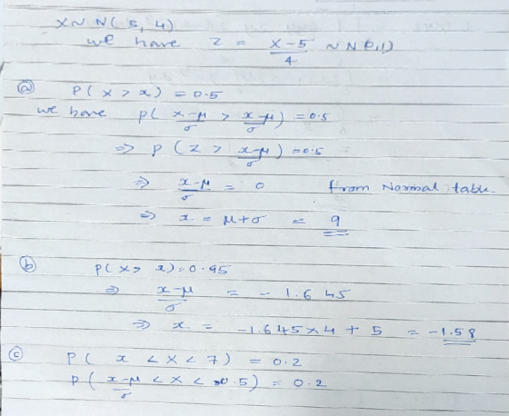 - we have z = X-5 NN 6,1) 4 @ PCXX) = 0.5 - we have plx-M > xt) =0.5 » P (z 7 x ) = 0.5 = x- l o from Normal table - a- Mto -
