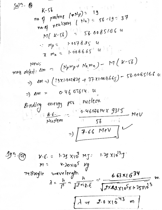 Solº- no K-56 1o. of protons (mNp) = 19 noop neutdoog [ Mn) = 56-19:37 MI K-18) 56.0085186 u mp3 1.0086 65 u 1.007895 u . & m