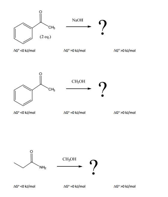 NaOH CH3 ? (2 eq.) AGⓇ <0 kJ/mol AGⓇ =0 kJ/mol AGⓇ >0 kJ/mol СН,ОН CHE ? AGⓇ <0 kJ/mol AGⓇ =0 kJ/mol AGⓇ >0 kJ/mol СН,ОН NH2