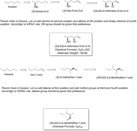 = M = My hexane OH (S)-hexan-2-01 OH (S)-hex-5-en-2-ol OH CI (2S,4S)-4-chlorohex-5-en-2-ol Parent chain is hexane. Let us add