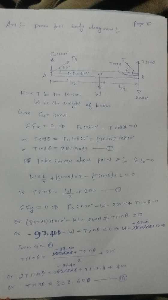 Ars - pram free body diagrama Page 1 TEOROV 4 Tsino 20 I Tuco8 20. 14/0 Here I be the tension W . 200N all be the weight of b