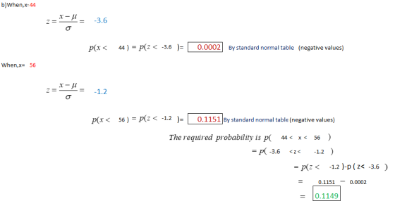 b)When,x:44 -=-μ = -3.6 p(x 44) P(Z< -3.60.0002 By standard normal table (negative values) When,x- 56 Z1.2 p(x < 56)=Plz<-1.2 )-| 0.1151|By standard normal table (negative values) The required probability is p 44 x< 56 ) (-3.6 <z< -1.2) =p(z < -1.2).p (z<-3.6) 0.1151~ 0.0002 0.1149