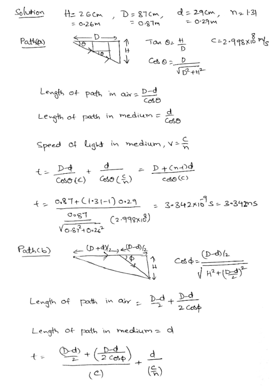 Solution H= 26cm ,D=87cm, d=29cm, nz 1:31 = 0.26m =0.87m = 0.29m Pathley S Tano. # C:2-988x8 mg Length of path in air a D-d c