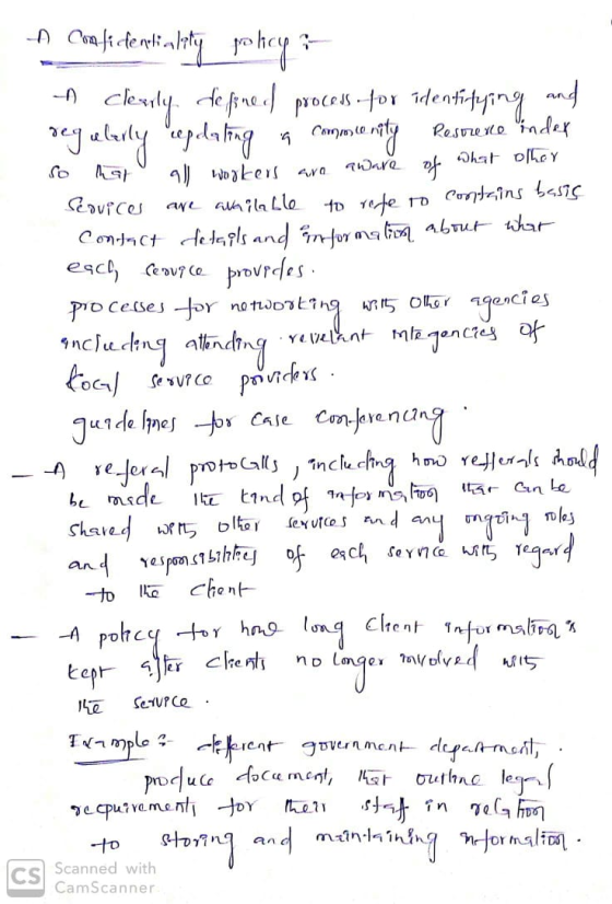 n Confidentialety policy a clearly defined process for identifying and regularly repeating a community Resorene index so that