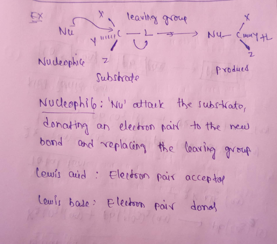 leaving il L group t Nu cumyth produes Nucleophice z - substrate Nucleophil: Nu attack the substrate, donating an electron