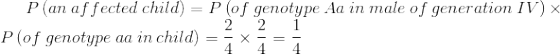 P(an af fected child) = P (of genotype Aa in male of generation IV) P(of genotype aa in child) = 5x = |-