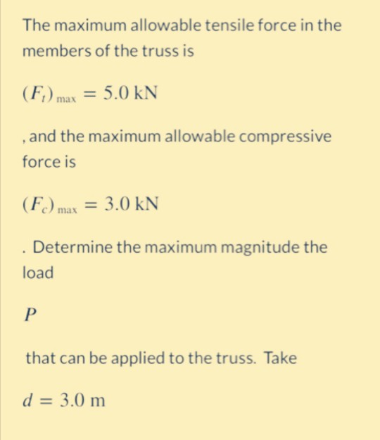 The maximum allowable tensile force in the members of the truss is (F.) max = 5.0 KN , and the maximum allowable compressive