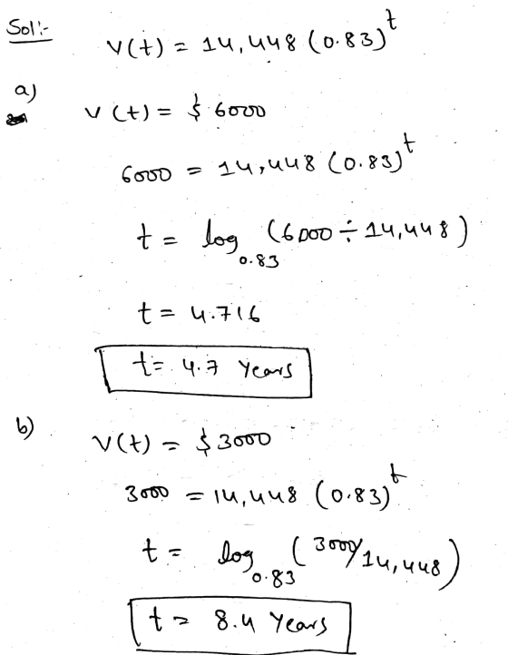 Soli- v(+) = 1५,५५४ (0.83) a) vct) = 3600 Govo = 1५,५५४ (०.४3) log (6 D00 - 14,५५४) + 0.83 t= ५. t=.4.7 years ५) v(t) - 33000