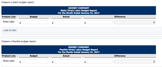 Prepare a static budget report ROONEY COMPANY Static Direct Labor Budget Report For the Month Ended January 31, 2017 Actual D