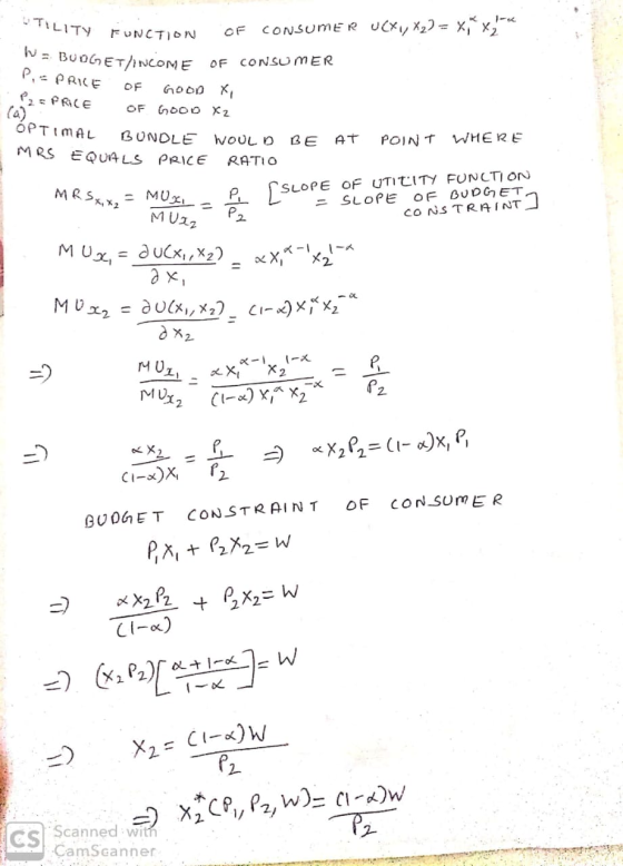 TILITY FUNCTION OF CONSUMER UCxy X,) = x,x, WE BUOGETENCOME OF CONSUMER P = PRICE OF GOOD X P2PRICE OF GOOD X2 OPTIMAL BUNDLE