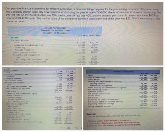 Comparative financial statements for Weller Corporation, a merchandising company for the year ending December 31 appear below