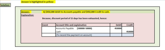Answer is highlighted in yellow: Solution: A) $450,000 debit to Accounts payable and $450,000 Credit to cash. Answer: Explana