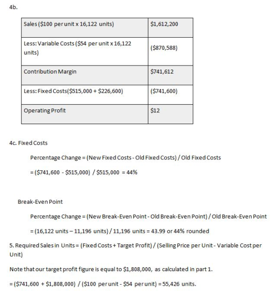 4b. Sales ($100 per unit x 16,122 units) $1,612,200 Less: Variable Costs ($54 per unit x 16,122 units) ($870,588) Contributio