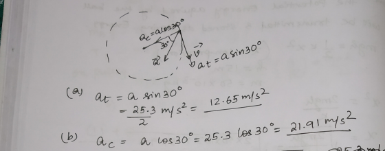 a=alosapo 30 Vat asin30 1 at = a nin 300 25.3 mys 11 12.65 m/s2 -1 2. Jem ac= a Les 30°- 25.3 les 30- 21.91 m/s