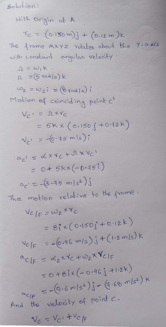 solutions With origin at re= (0.150 m)j + (0.12 m )k The frame AXYZ rotates about the y-axis with constant angular velocity 2