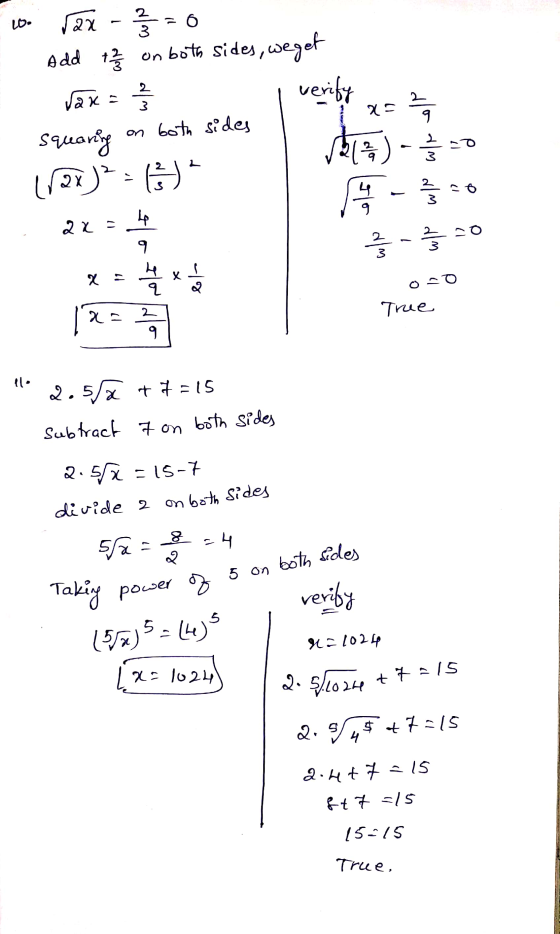 12x - 3 = 0 Add 1773 on both sides, we get ſax= verify Squaring on both sides (2x)=691 2 3 x= 299 9 20 slo alm dlm dlm 4 2x =