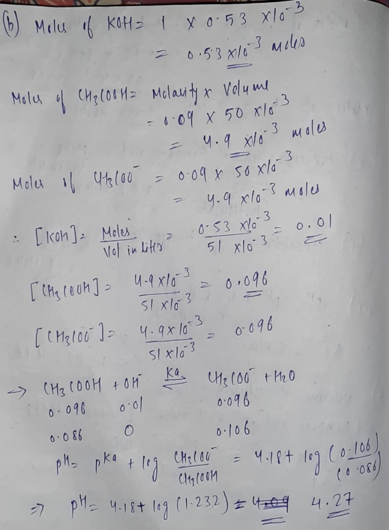 (3) Molu of KOH= 180.53x10-3 20.530103 miles Molus of CH2 100 H= Molarity & volume = 0.09 x 50 x103 = 4.9 x/0-3 moles 2 -3 Mo