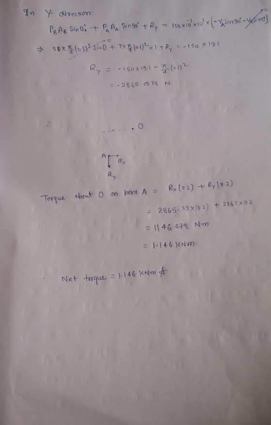 In y direction: PBAB Sino: + PAAA singo + Ry - 150 x 10 x 10²x [-va sin go-versing) → 50X10:12 Sino + 1x 10.02 x 1 + y = Ry