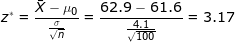 \LARGE z^* = \frac{\bar X - \mu_0}{\frac{\sigma}{\sqrt{n}}} = \frac{62.9 - 61.6}{\frac{4.1}{\sqrt{100}}} =3.17