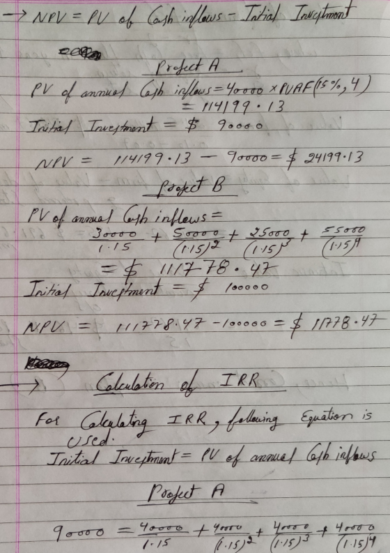 NPV = PU of Cash inflows - Intial Investment Project A PV of annuel Casb irflows = Youto XLVAF(15%, 4). =114199:13 Tritial In