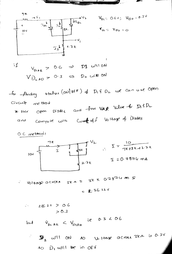 Na Voi= 0.6v; 102=0.3 JEDI 10 To TA 10V oor-o Izt 1.75 if 0.6 Dl will on Voink> VD, AD O: 3 > Dz willl ON AD > for finding st