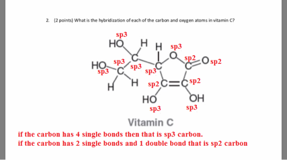 2 (2 points) What is the hybridization of each of the carbon and oxygen atoms in vitamin C? sp3 но нн sp3 H H sp2C=Csp2 но о