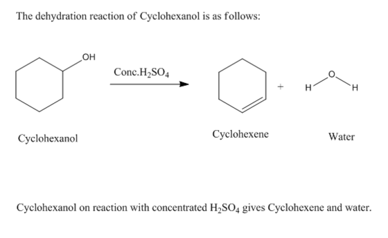 The dehydration reaction of Cyclohexanol is as follows: он Conc.H2SO4 Cyclohexanol Cvclohexene Water Cyclohexanol on reaction
