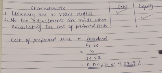 Debt Equity Characteristic 1. Usually has no voting rights 2. No tax adjustments are made when calaulating the wst of preferr