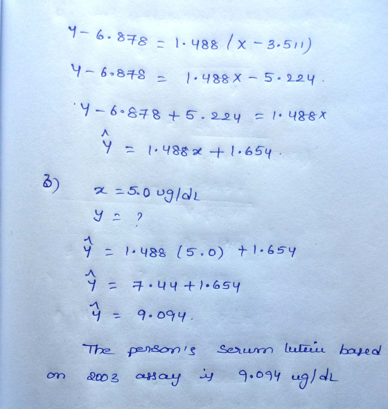 ya 6.878 - 1.488 / x - 3.511) 4-6878 - 1.488 X - 5.224. Y - 60878 +5.224 = 1488x y = 1.4882 + 1.654. x=5.0 ug/dL yo 2 + = 1