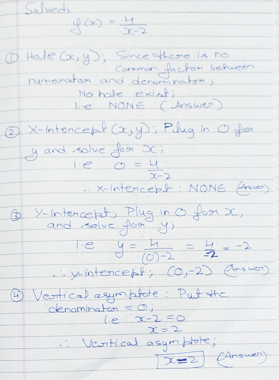 Salved; up a) = No hole ex ③ Hole (x, y); Since there is no - Common factor between numerator and denominatons le NONE ( Answ