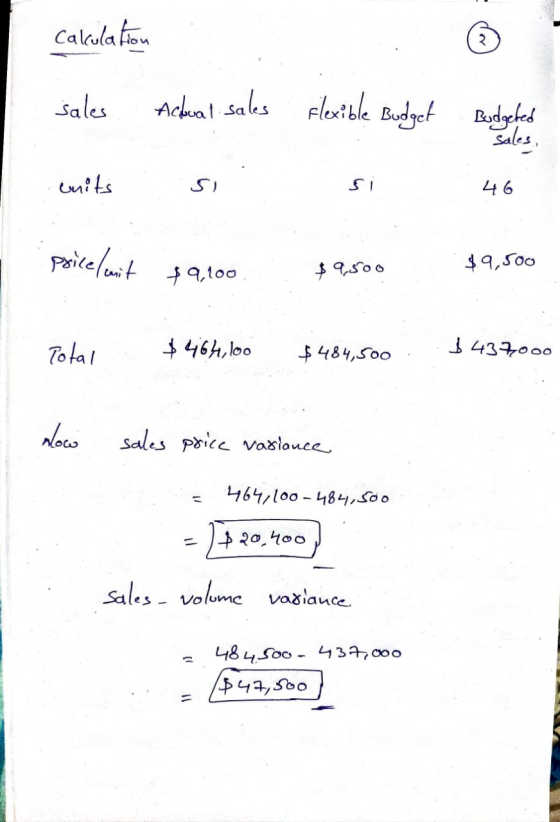 calculation sales Actual sales flexible Budget Budgeted units si si 46 priceluit $9,100 $9,500 $9,500 Total $464,100 $484,500