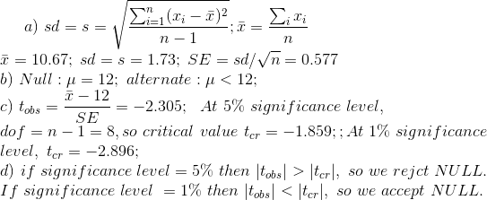 V n-1 I = a) sd =s=1 I = 10.67; sd = s= 1.73; SE = sd/n=0.577 b) Null: u = 12; alternate : <12; T – 12 -= -2.305; At 5% signi