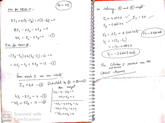 Yo = 21 KVL for MESH-1:- I ③ weget on - solving ② and 7 = 4.3334 ✓ I q = 4A r . 13 = 6-6667A V = 8.666 volt 2117469,-1g) + 2