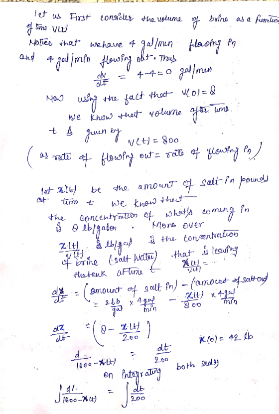 . . let us First consider the volume of boine as a functus of time vul Notice that we have 4 gallmen flowing en and a gal/min