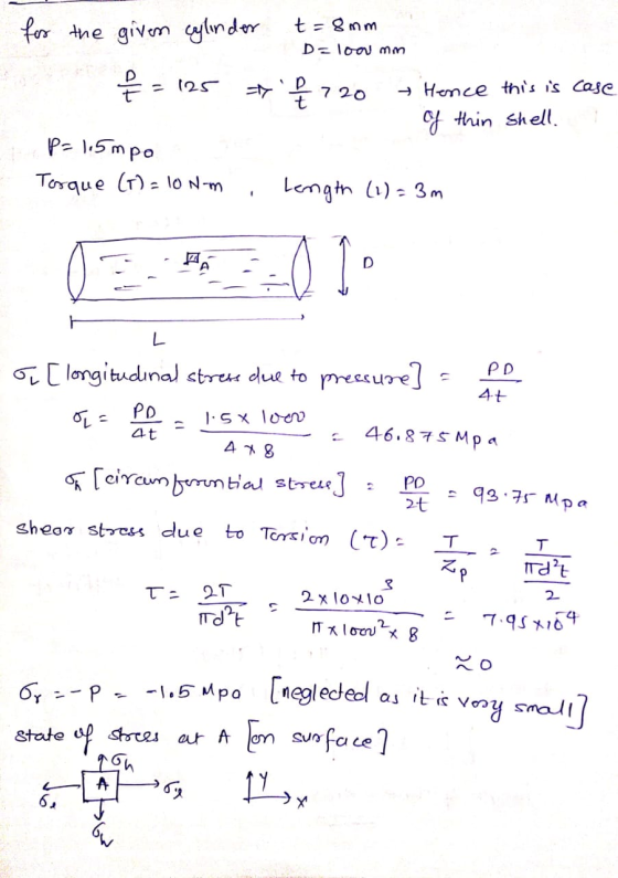 for the given cylinder t=8mm D-low mm 은 - 125 ty 720 → Hence this is case of thin shell. p=1.5mpo Tosque (T) = 10N-m Length (