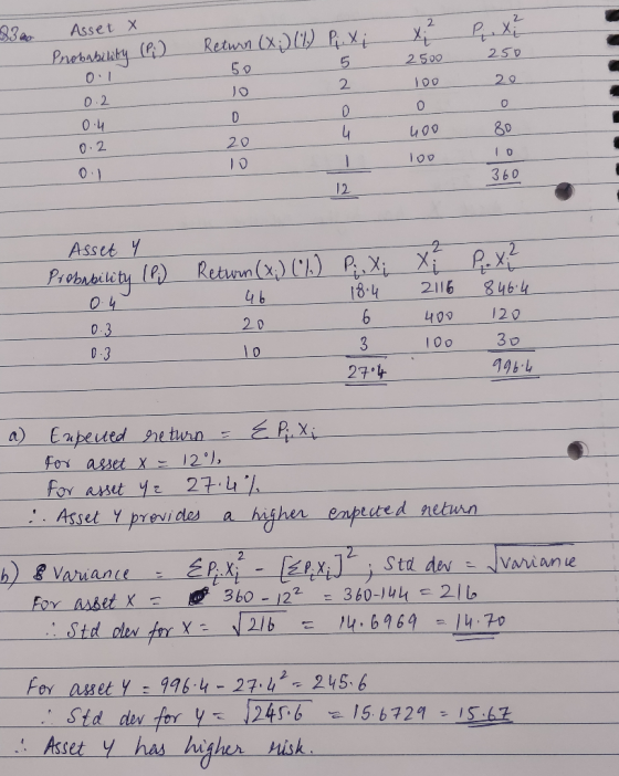 Asset X 2 330 Return (X)ll 5 0 Xi Prebsbity G) 25D 2500 5 20 2 0.2 0 O4 80 400 20 0 2 l 10 0.) 360 12 Asset y 2 XiRex Prebabe
