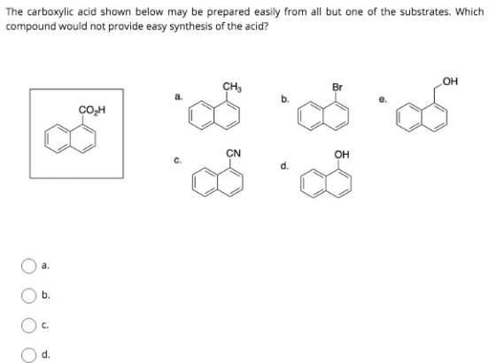 The carboxylic acid shown below may be prepared easily from all but one of the substrates. Which compound would not provide e