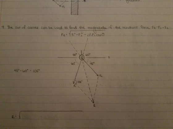 Fi t. The law oe casnes can be used ts hnd the megnituds oe the resultant force FFF cosih los Fi
